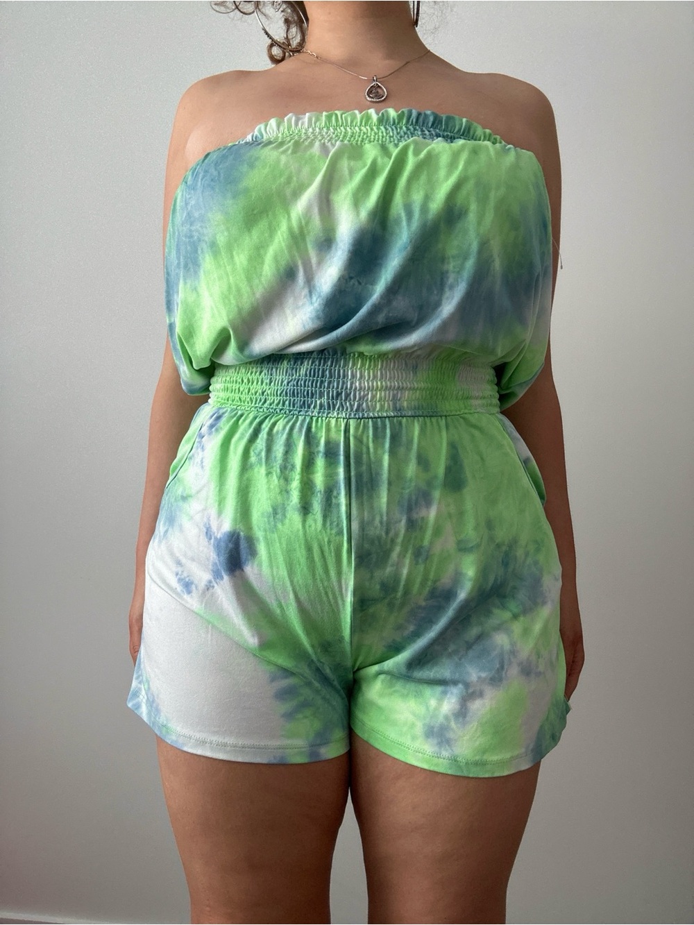 neon green tie dye strapless romper